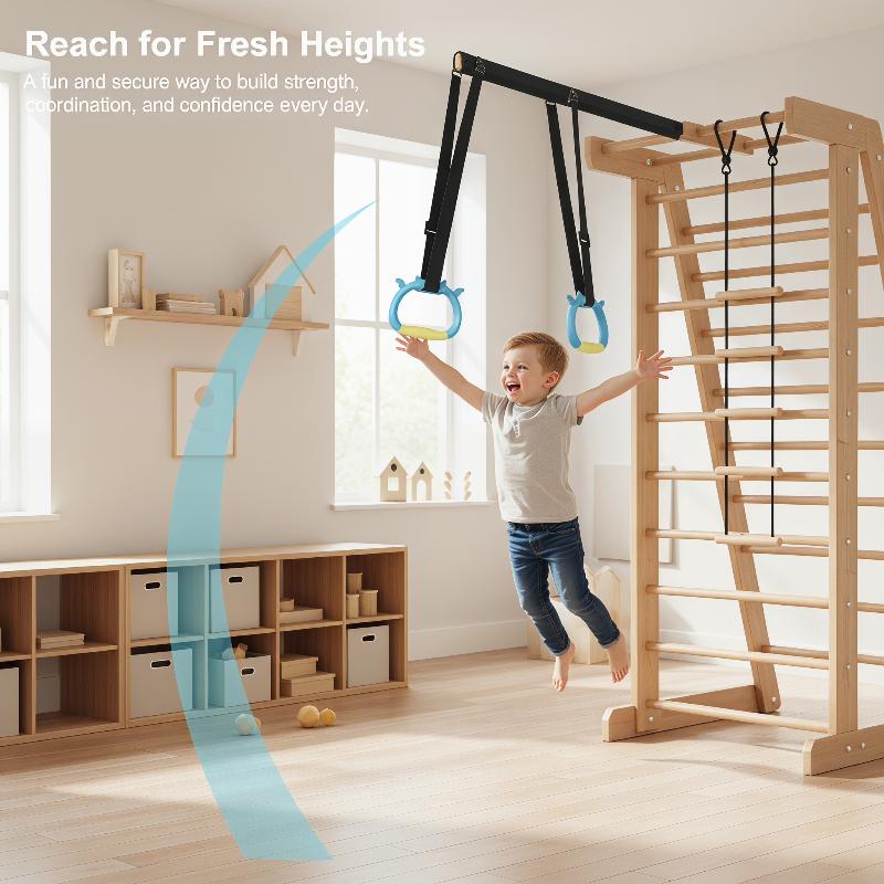 Gymnastic Bar Home - 子供用体操鉄棒とリングセット、調節可能な吊り下げストラップ付き、家庭用フィットネス向け