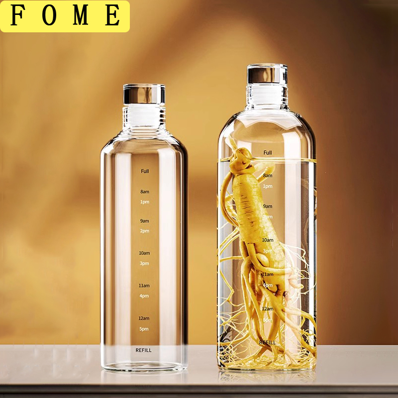Outdoor Sport Glass Water Bottle - FOME 500/750/1000ml ガラス製スポーツウォーターボトル（タイムスケール付き）ワイン保存ボトル アウトドアウォーターボトル コーヒー、紅茶、牛乳、ジュース用