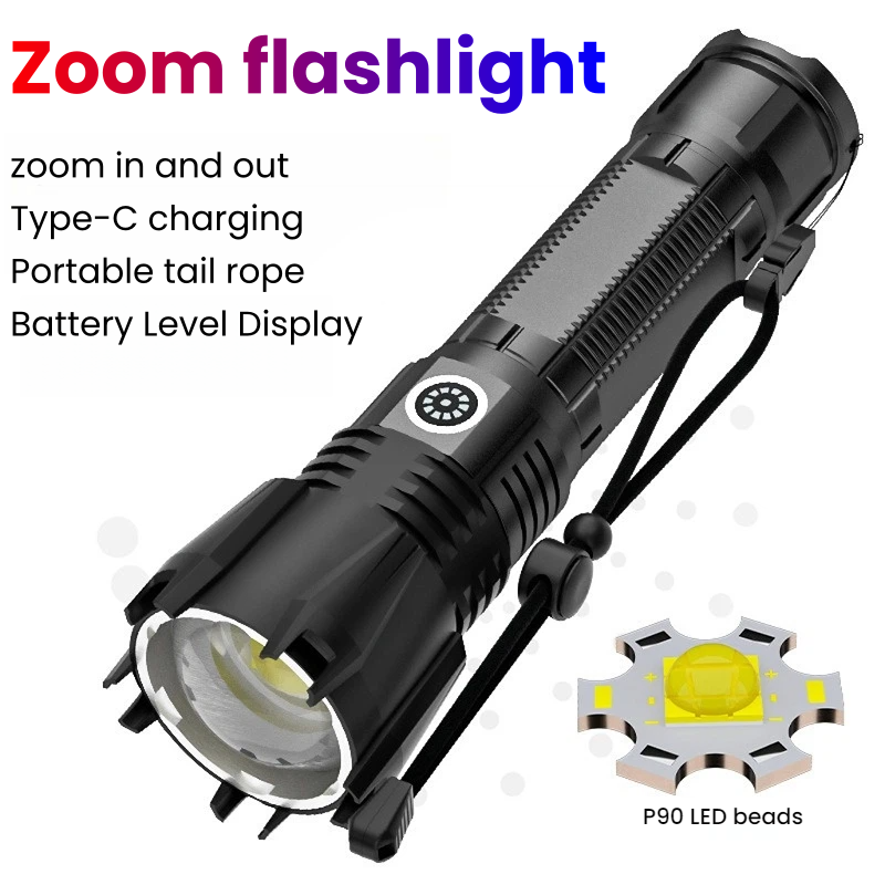Outdoor Spotlight - 高出力 P90 LED 懐中電灯 TYPE-C 充電式ズームスポットライト防水トーチ、アウトドアキャンプや狩猟用