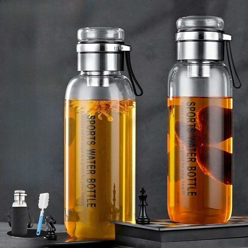 1.0/1.2リットルガラス製ウォーターボトル、布製スリーブ - Outdoor Sport Glass Water Bottle のレビューと価格